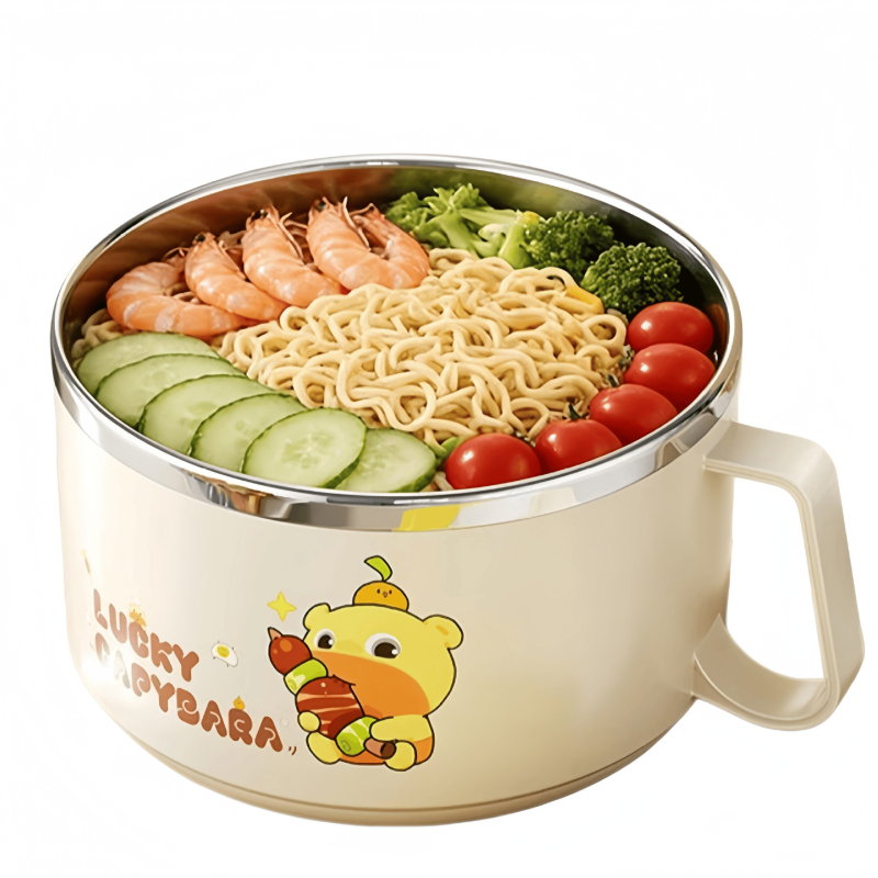 Bol din oțel inoxidabil pentru noodles instant cu capac, cu funcție de scurgere, ideal pentru cămine și cantine