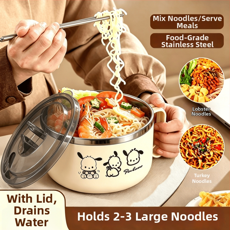Bol din oțel inoxidabil pentru noodles instant cu capac, cu funcție de scurgere, ideal pentru cămine și cantine