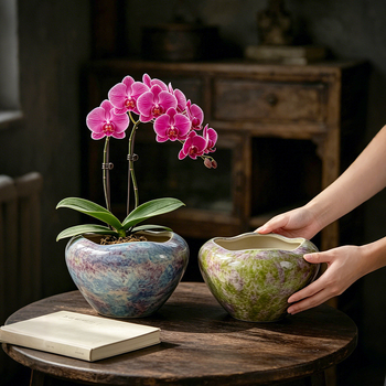 Ghiveci ceramic pentru orhidee, cu bază înaltă, design respirabil, ideal pentru orhidea fluture în living