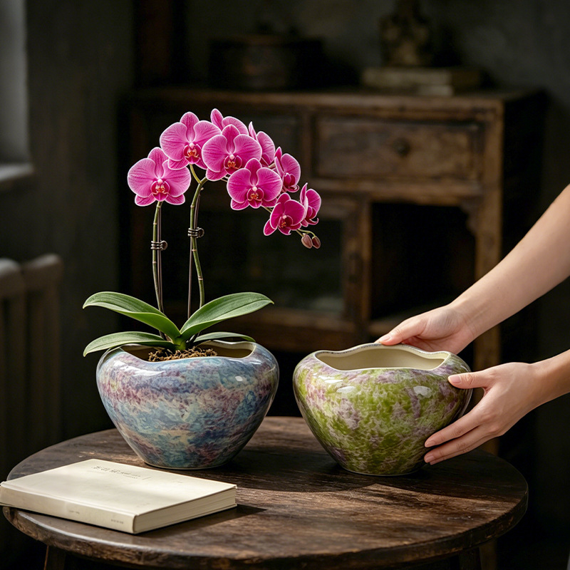 Ghiveci ceramic pentru orhidee, cu bază înaltă, design respirabil, ideal pentru orhidea fluture în living