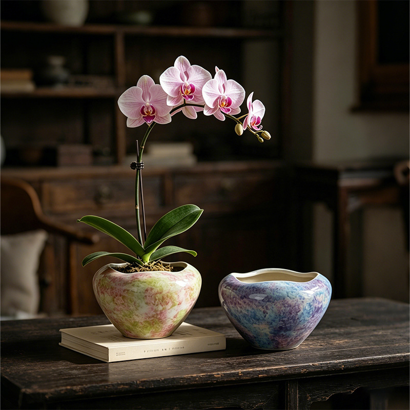 Ghiveci ceramic pentru orhidee, cu bază înaltă, design respirabil, ideal pentru orhidea fluture în living