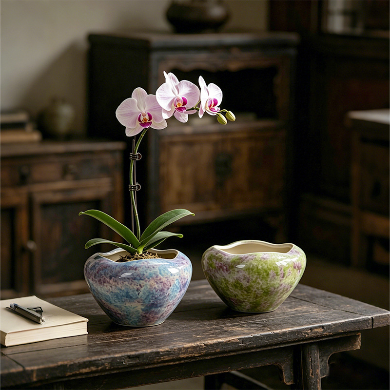 Ghiveci ceramic pentru orhidee, cu bază înaltă, design respirabil, ideal pentru orhidea fluture în living