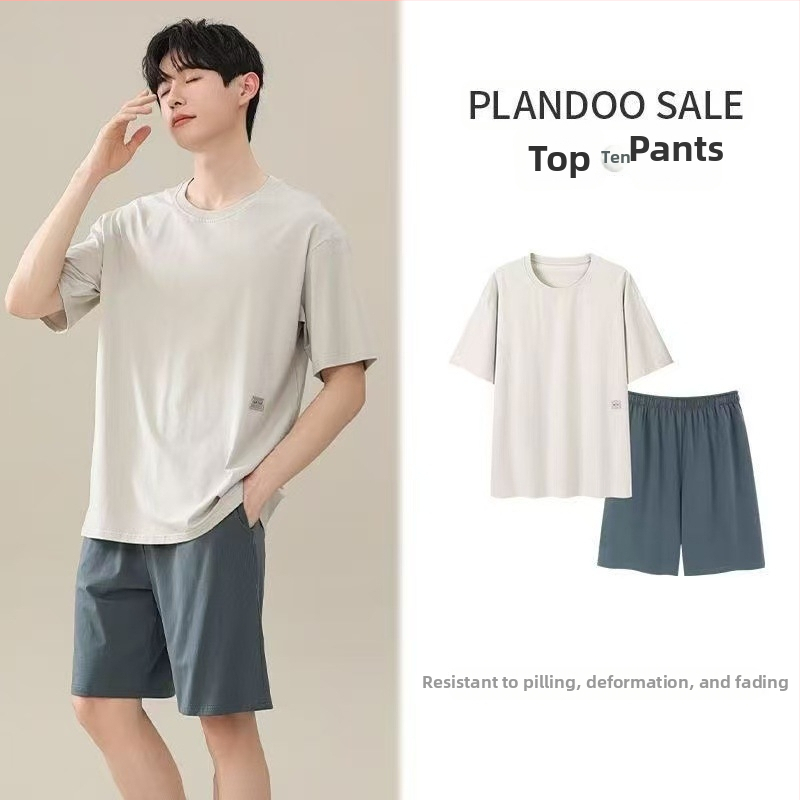 Pijamă de vară pentru bărbați, set din modal, tricou cu mânecă scurtă și șorturi, croială lejeră, țesătură subțire, stil casual, potrivite pentru purtarea în exterior