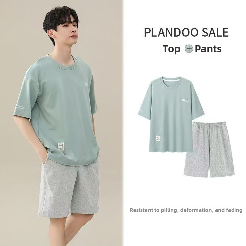 Pijamă de vară pentru bărbați, set din modal, tricou cu mânecă scurtă și șorturi, croială lejeră, țesătură subțire, stil casual, potrivite pentru purtarea în exterior