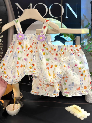 Set din două piese pentru fete, în stil coreean, cu imprimeu floral și motive de desene animate, material din bumbac-mătase, ușor și respirabil pentru vară