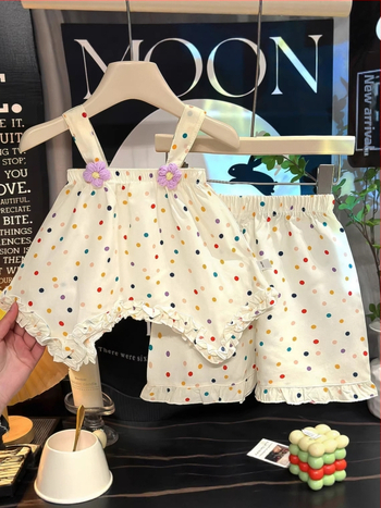 Set din două piese pentru fete, în stil coreean, cu imprimeu floral și motive de desene animate, material din bumbac-mătase, ușor și respirabil pentru vară