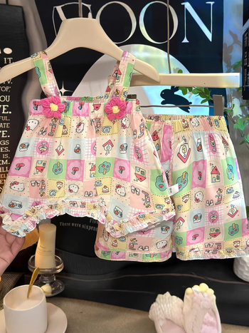 Set din două piese pentru fete, în stil coreean, cu imprimeu floral și motive de desene animate, material din bumbac-mătase, ușor și respirabil pentru vară