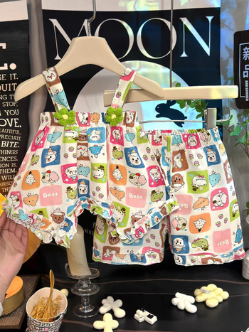 Set din două piese pentru fete, în stil coreean, cu imprimeu floral și motive de desene animate, material din bumbac-mătase, ușor și respirabil pentru vară