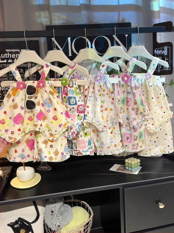 Set din două piese pentru fete, în stil coreean, cu imprimeu floral și motive de desene animate, material din bumbac-mătase, ușor și respirabil pentru vară