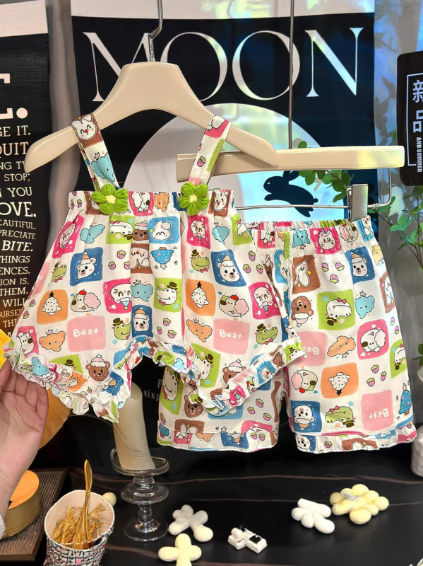 Set din două piese pentru fete, în stil coreean, cu imprimeu floral și motive de desene animate, material din bumbac-mătase, ușor și respirabil pentru vară