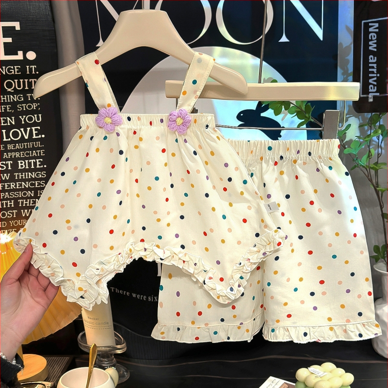 Set din două piese pentru fete, în stil coreean, cu imprimeu floral și motive de desene animate, material din bumbac-mătase, ușor și respirabil pentru vară