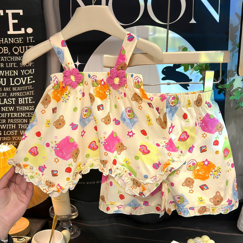 Set din două piese pentru fete, în stil coreean, cu imprimeu floral și motive de desene animate, material din bumbac-mătase, ușor și respirabil pentru vară