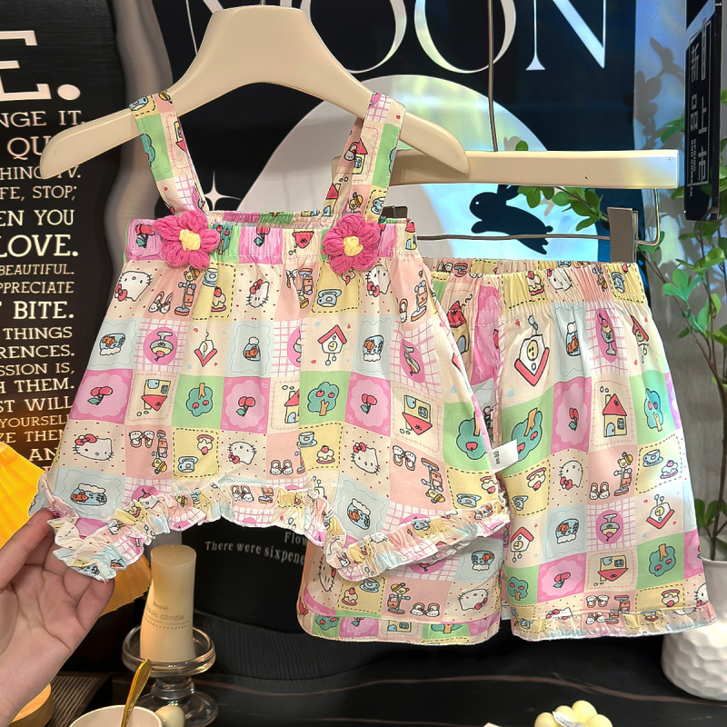 Set din două piese pentru fete, în stil coreean, cu imprimeu floral și motive de desene animate, material din bumbac-mătase, ușor și respirabil pentru vară