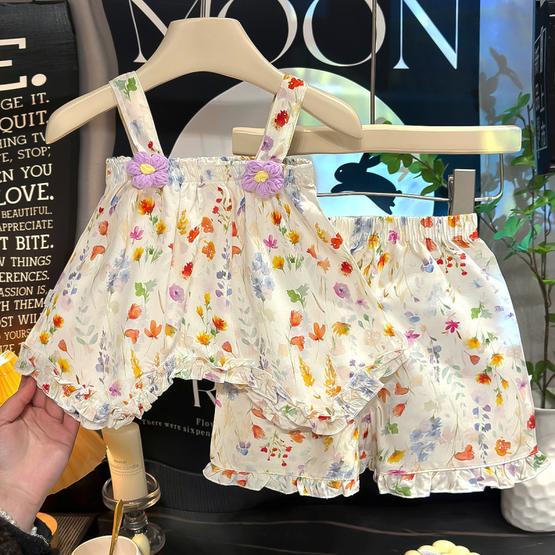 Set din două piese pentru fete, în stil coreean, cu imprimeu floral și motive de desene animate, material din bumbac-mătase, ușor și respirabil pentru vară