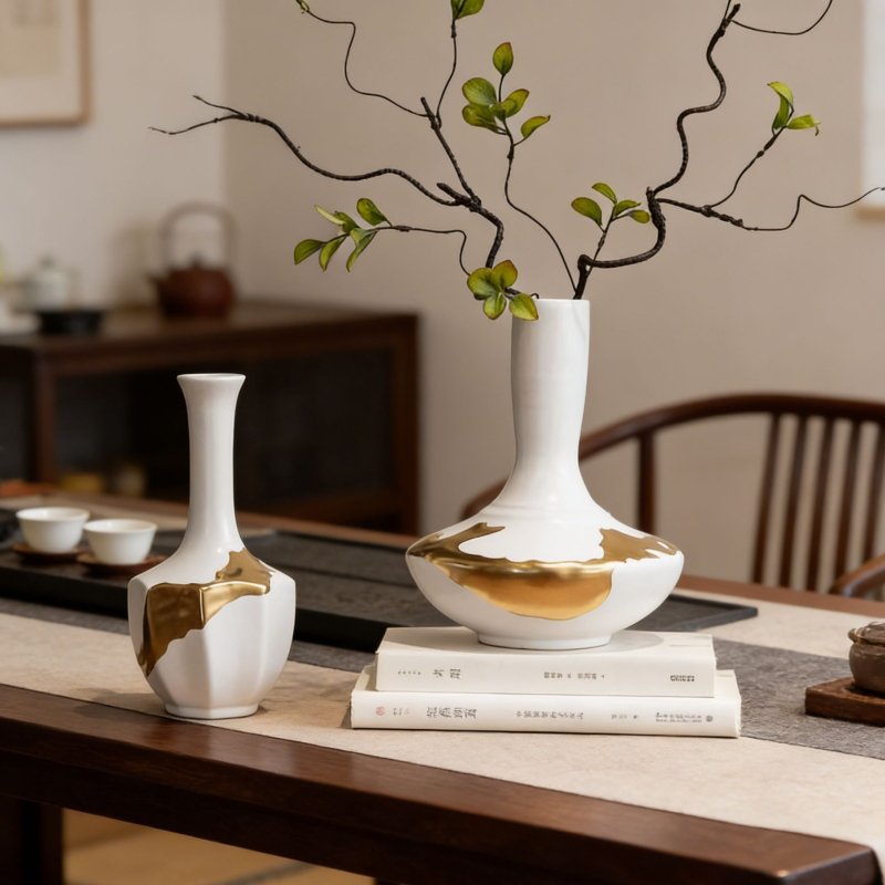 Vază ceramică în stil Zen, cu aspect auriu, pentru aranjamente florale, decor vintage pentru living și ceainărie