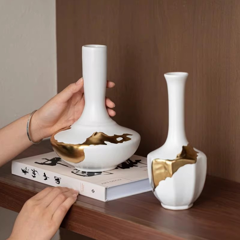 Vază ceramică în stil Zen, cu aspect auriu, pentru aranjamente florale, decor vintage pentru living și ceainărie