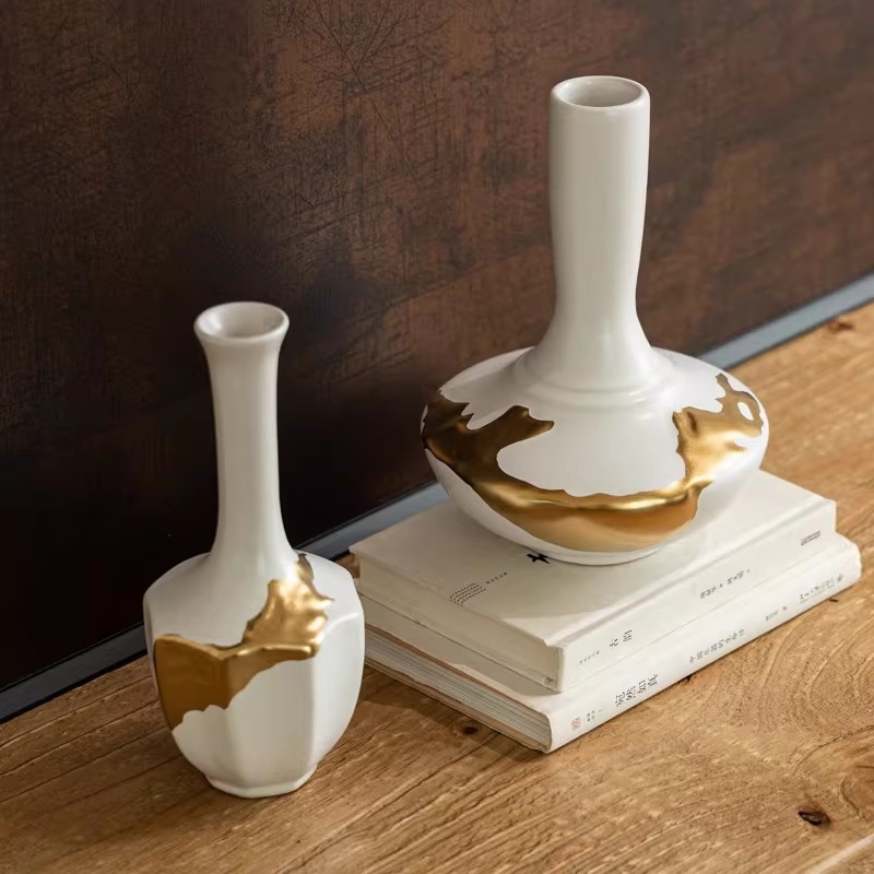 Vază ceramică în stil Zen, cu aspect auriu, pentru aranjamente florale, decor vintage pentru living și ceainărie