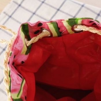 Geantă de umăr croșetată, în formă de găleată, cu ciucuri, țesătură din paie, imprimeu floral și model pepene – geantă de plajă pentru femei