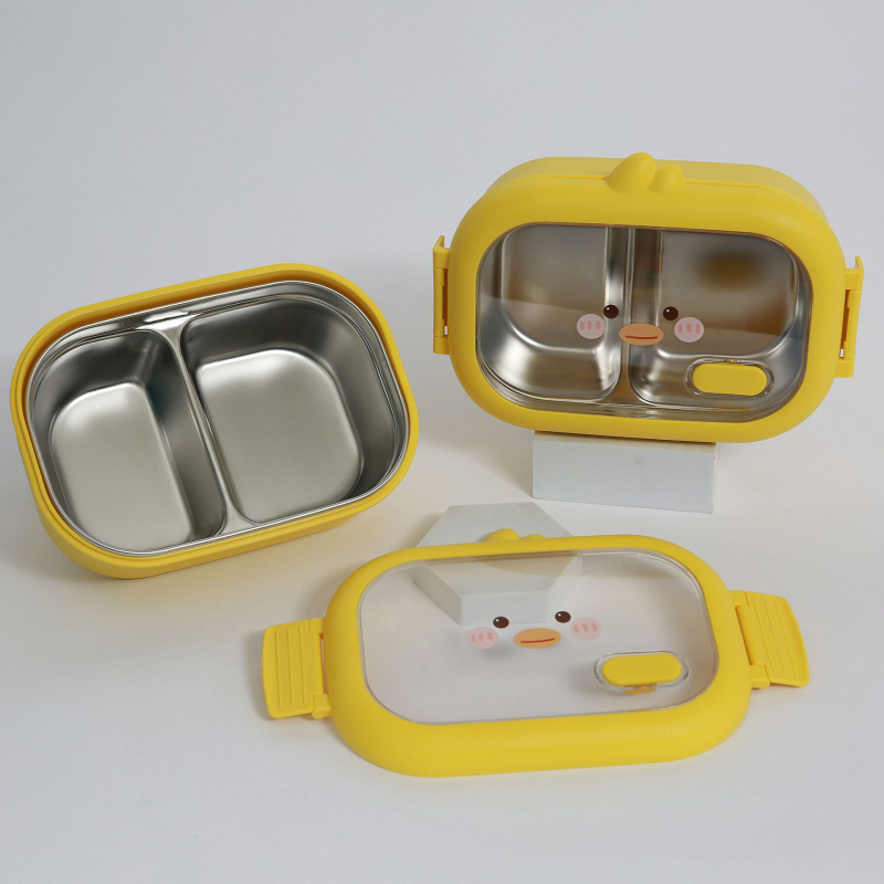 Cutie pentru prânz izolată din oțel inoxidabil, design drăguț cu rață galbenă, compartimentată, portabilă pentru elevi