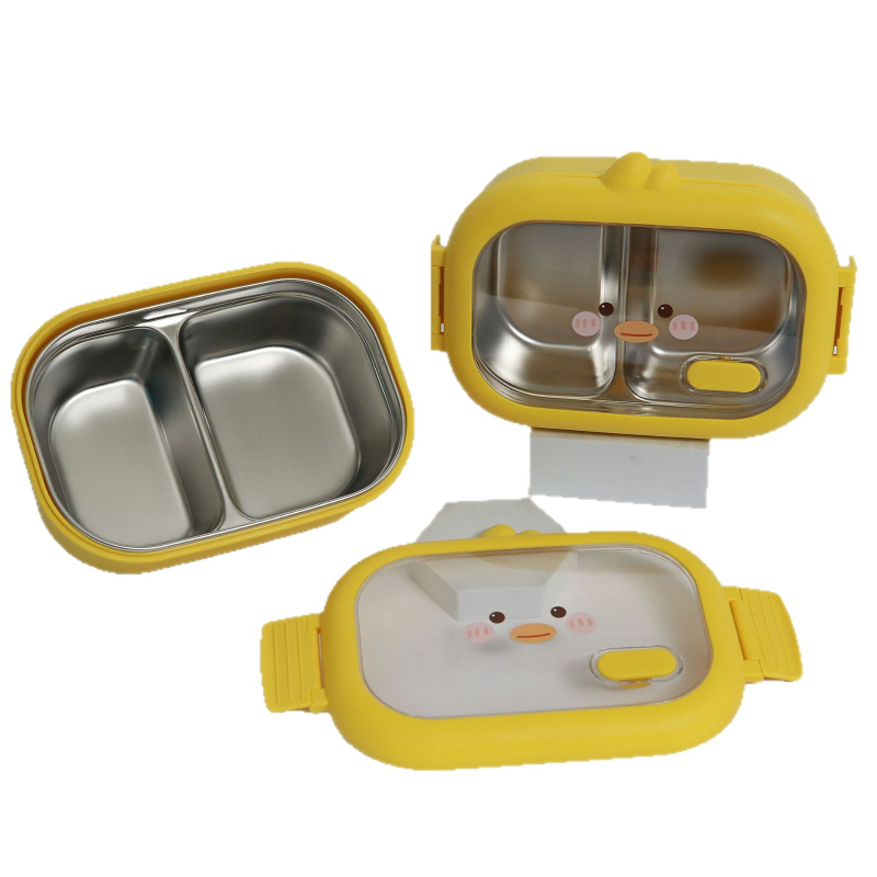 Cutie pentru prânz izolată din oțel inoxidabil, design drăguț cu rață galbenă, compartimentată, portabilă pentru elevi