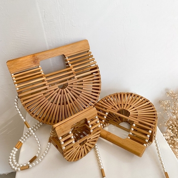 Geantă clutch din bambus, stil etnic, cu curea de perle la umăr, mică, în formă de scoică