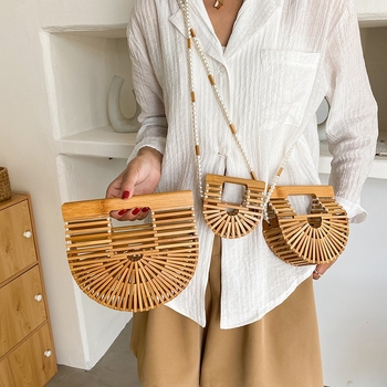 Geantă clutch din bambus, stil etnic, cu curea de perle la umăr, mică, în formă de scoică