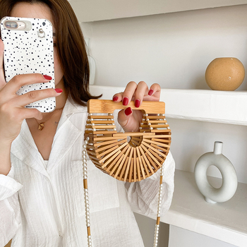 Geantă clutch din bambus, stil etnic, cu curea de perle la umăr, mică, în formă de scoică