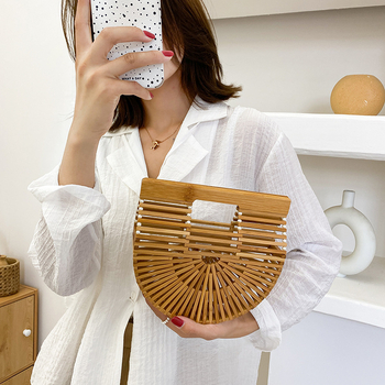 Geantă clutch din bambus, stil etnic, cu curea de perle la umăr, mică, în formă de scoică