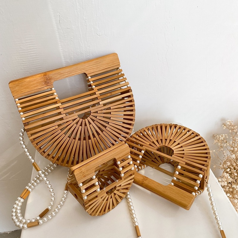 Geantă clutch din bambus, stil etnic, cu curea de perle la umăr, mică, în formă de scoică