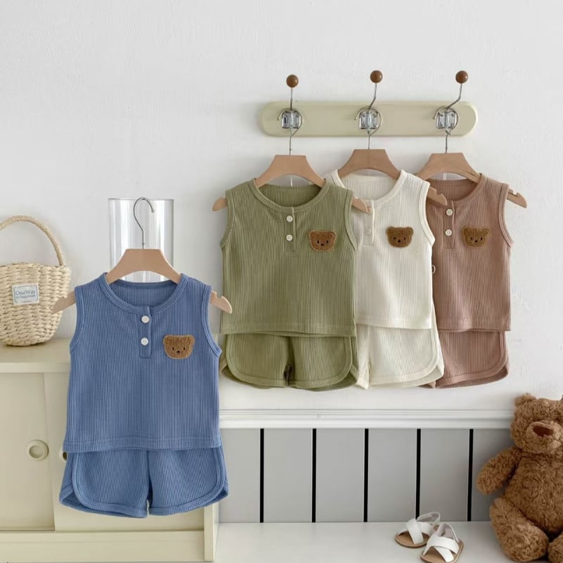 Set de vară pentru copii, două piese: tricou fără mânece cu textură fagure și pantaloni scurți cu imprimeu ursuleț