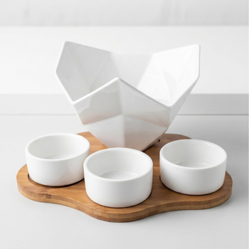 Set din ceramică pentru gustări, în formă de diamant, cu tavă din bambus, pentru uz casnic – include boluri pentru cartofi prăjiți, nuci și farfurioare pentru sosuri.