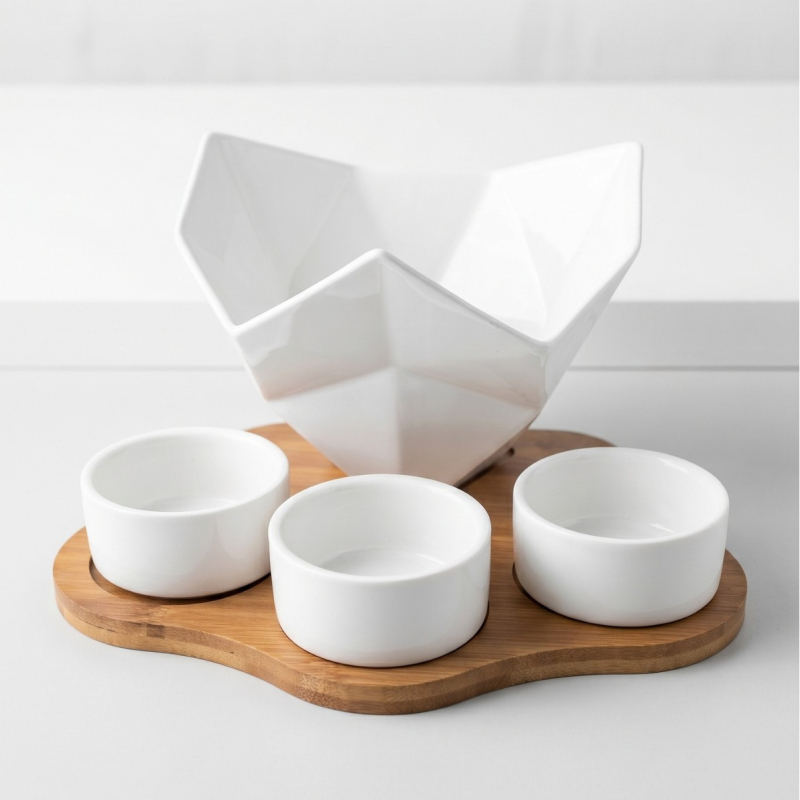 Set din ceramică pentru gustări, în formă de diamant, cu tavă din bambus, pentru uz casnic – include boluri pentru cartofi prăjiți, nuci și farfurioare pentru sosuri.