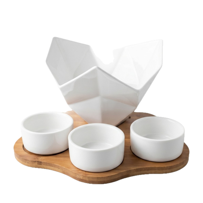 Set din ceramică pentru gustări, în formă de diamant, cu tavă din bambus, pentru uz casnic – include boluri pentru cartofi prăjiți, nuci și farfurioare pentru sosuri.