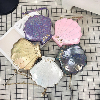 Geantă de damă în formă de scoică, cu lanț de perle, design laser strălucitor și colorat, curea de umăr crossbody