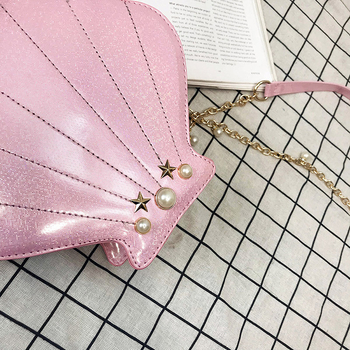 Geantă de damă în formă de scoică, cu lanț de perle, design laser strălucitor și colorat, curea de umăr crossbody