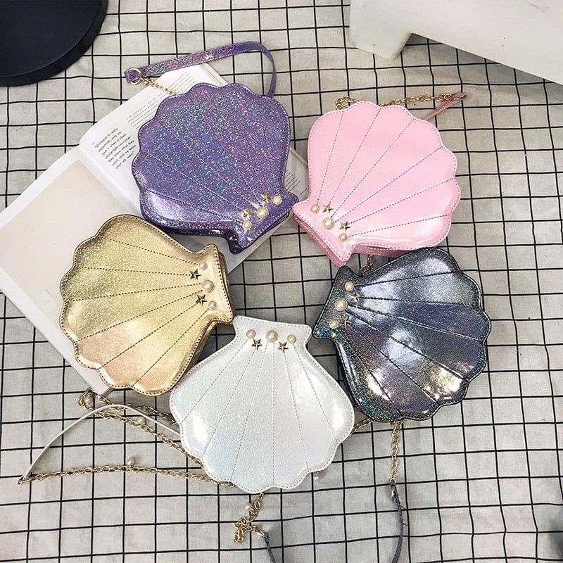 Geantă de damă în formă de scoică, cu lanț de perle, design laser strălucitor și colorat, curea de umăr crossbody