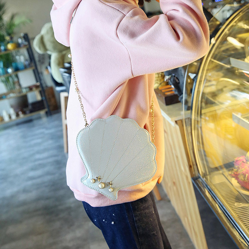 Geantă de damă în formă de scoică, cu lanț de perle, design laser strălucitor și colorat, curea de umăr crossbody