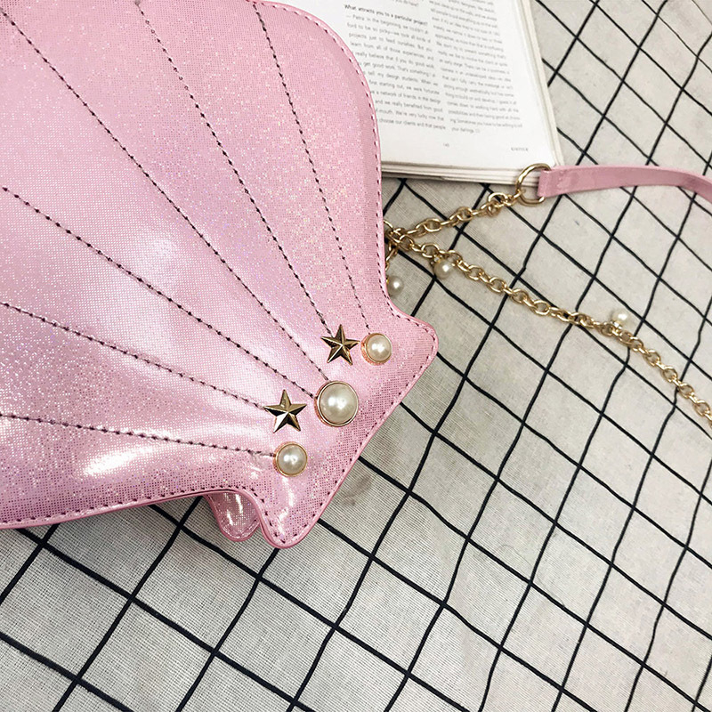 Geantă de damă în formă de scoică, cu lanț de perle, design laser strălucitor și colorat, curea de umăr crossbody