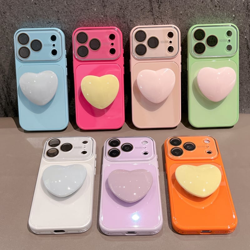 Carcasă din sticlă cu blocare pe culoare și suport în formă de inimă, stil Ins, 2-în-1, acoperire completă pentru iPhone 17 Pro Max și iPhone 16