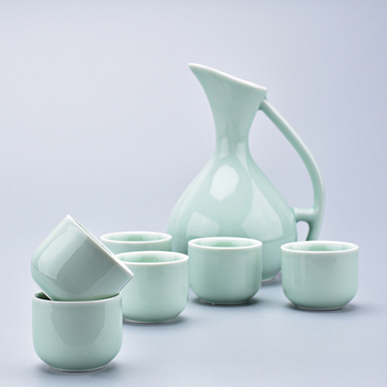 Dispenser de vin din porțelan celadon galben, set ceramic în stil chinezesc vintage, cu posibilitatea de logo