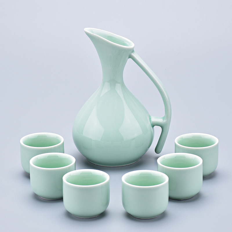 Dispenser de vin din porțelan celadon galben, set ceramic în stil chinezesc vintage, cu posibilitatea de logo