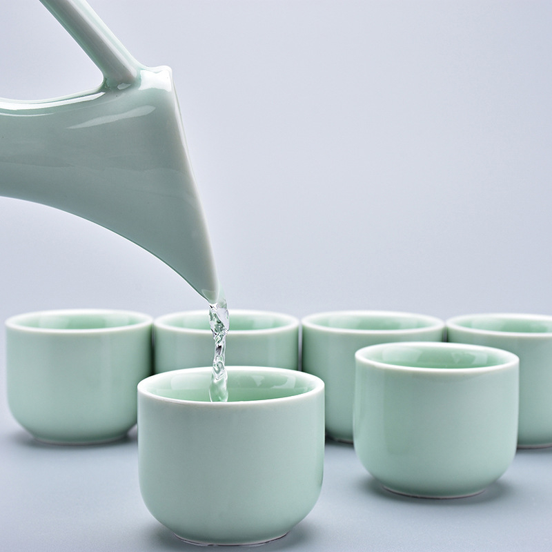Dispenser de vin din porțelan celadon galben, set ceramic în stil chinezesc vintage, cu posibilitatea de logo