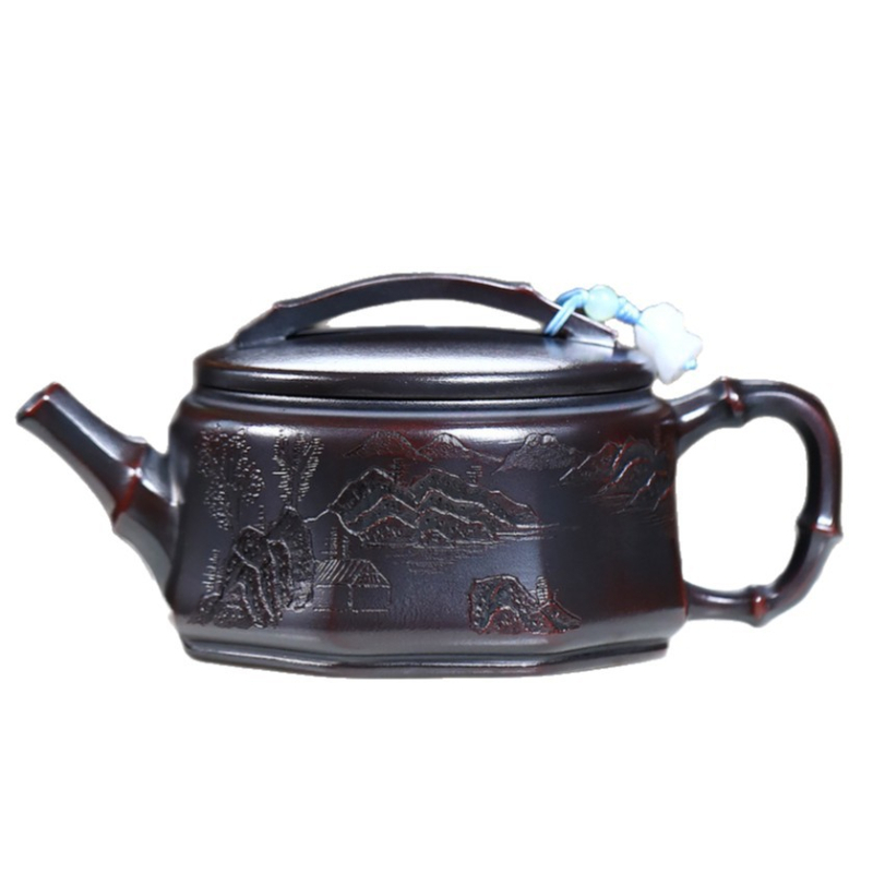 Ceainic Yixing din lut purpuriu de nisip, lucrat manual din minereu original, lut purpuriu bronzat, stil Guanshan Hanwa