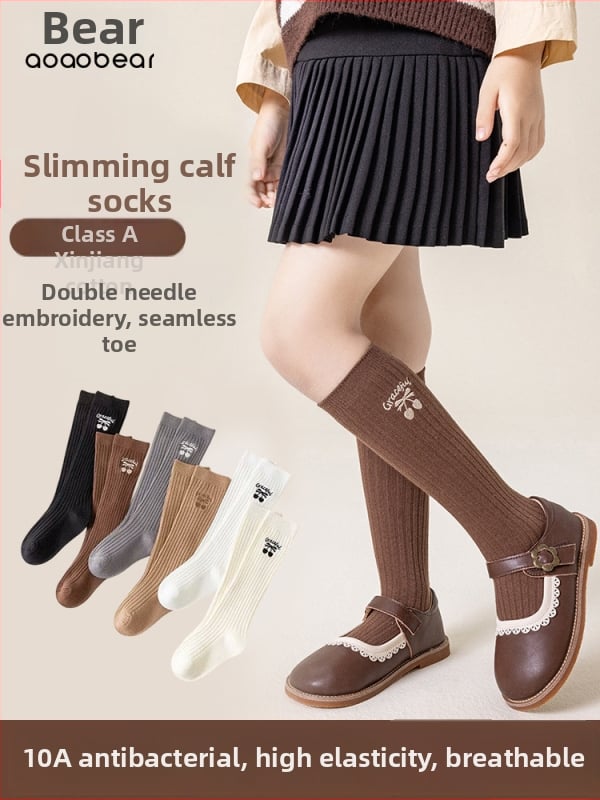 Șosete lungi pentru copii, toamnă-iarnă, stil britanic retro de școală, cu broderie cu funda realizată cu două ace, din bumbac combed în stil coreean