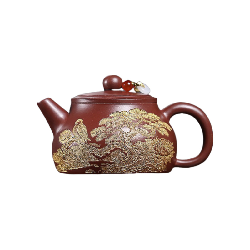 Ceainic Yixing din lut mov cu nisip Dragon-Blood, motiv floral gravat, pentru set de ceai Kung Fu acasă