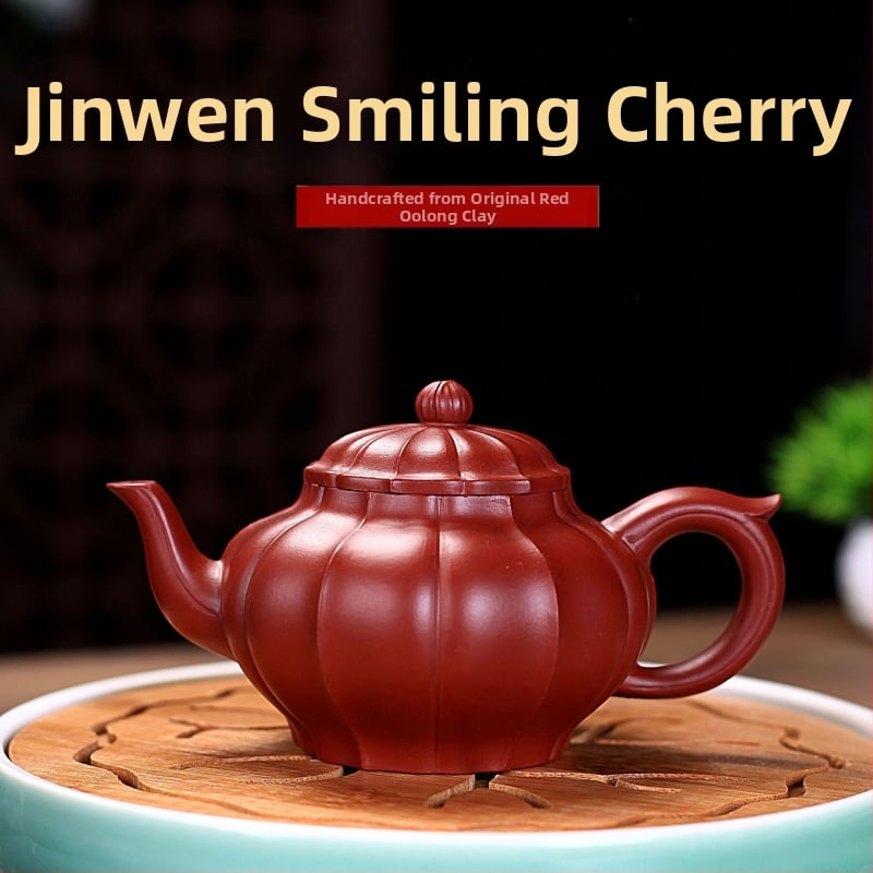 Ceainic din lut mov, lucrat manual, cu husă brocard, set Da Hong Pao Gongfu, capac cu nervuri