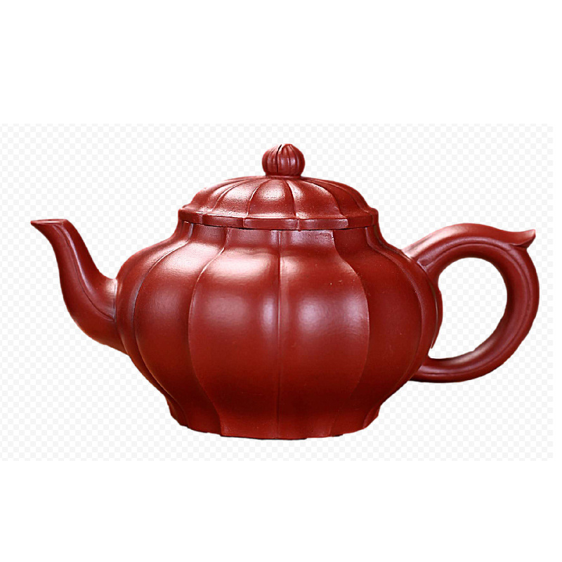 Ceainic din lut mov, lucrat manual, cu husă brocard, set Da Hong Pao Gongfu, capac cu nervuri