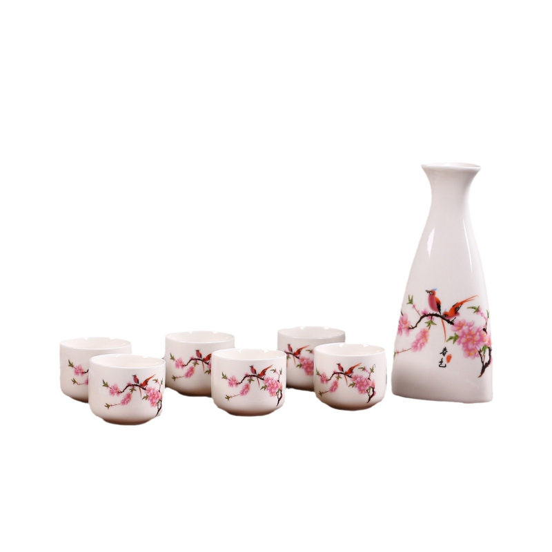 Set de vin din porțelan în stil antic, 7 piese, cu un recipient ceramic triunghiular și șase pahare, în cutie cadou