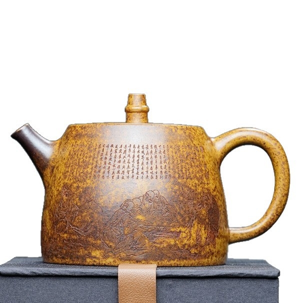 Ceainic Rulai Han Duo, Colecție de familie Dragon Bone Gold-Sand ceainic din lut purpuriu Yixing