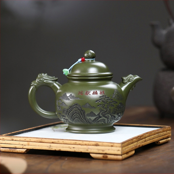 Ceainic Yixing din lut mov purpurie, lucrat manual de un maestru în vârstă, lut verde mineral original, gravură completă cu motiv qilin, set de ceai de înaltă calitate